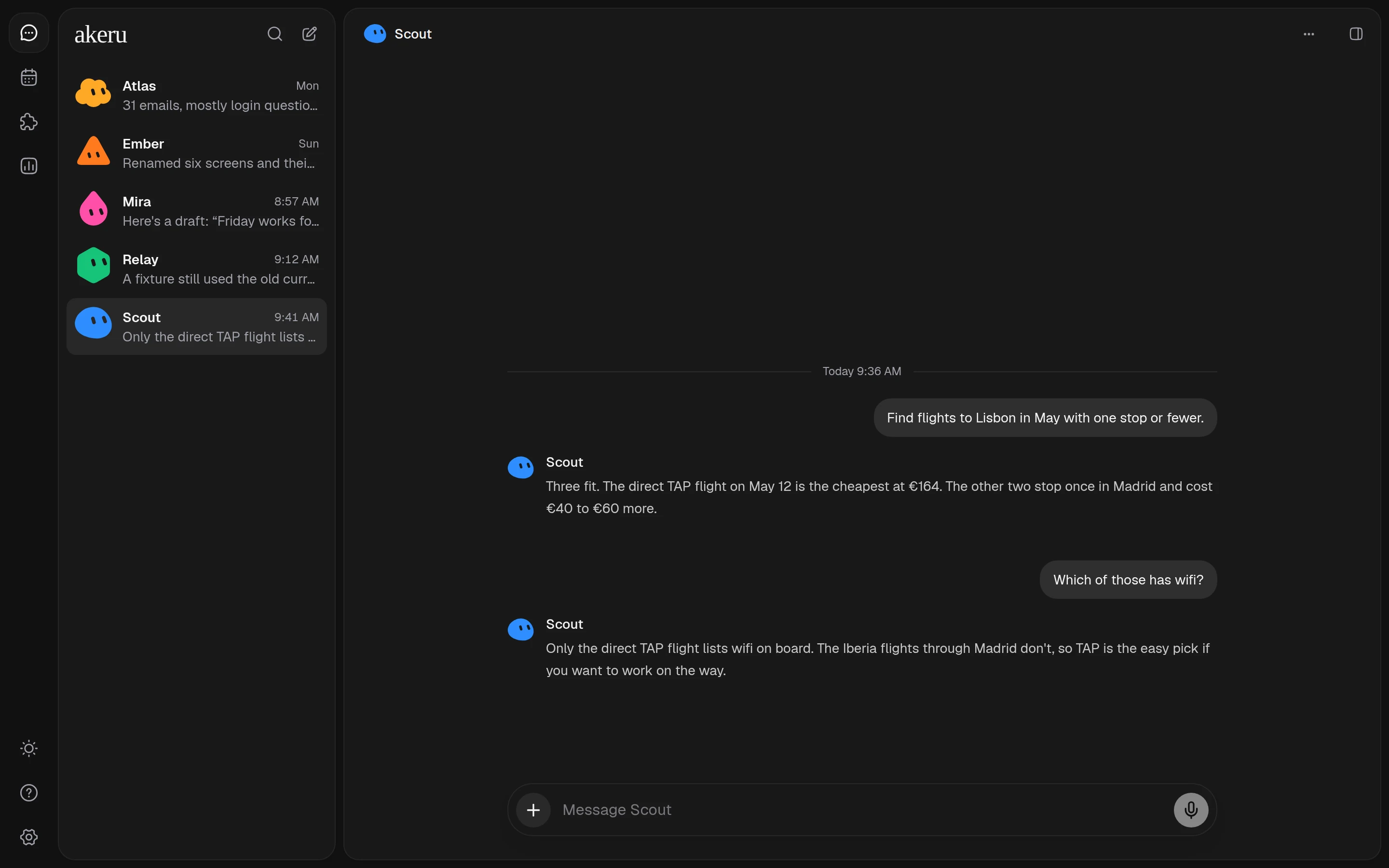 Akeru Bot with five bots in the sidebar. Scout, a travel bot, answers which Lisbon flight has wifi.